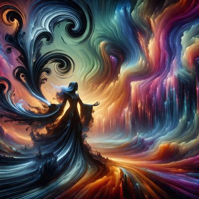The primary subject of the image is a woman, possibly a mermaid, with long hair and a flowing dress. She is standing in front of a colorful, swirling background, which could be a painting or a digital artwork. The visual style of the image suggests that it is a digital art or illustration, with vibrant colors and a dynamic composition. The overall atmosphere of the image is lively and captivating, with the woman as the focal point.